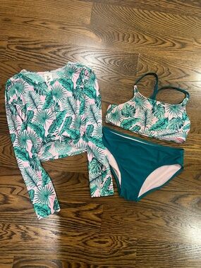 art class Pink & Teal Tropical Leaf 3-Piece Girls Swim Set